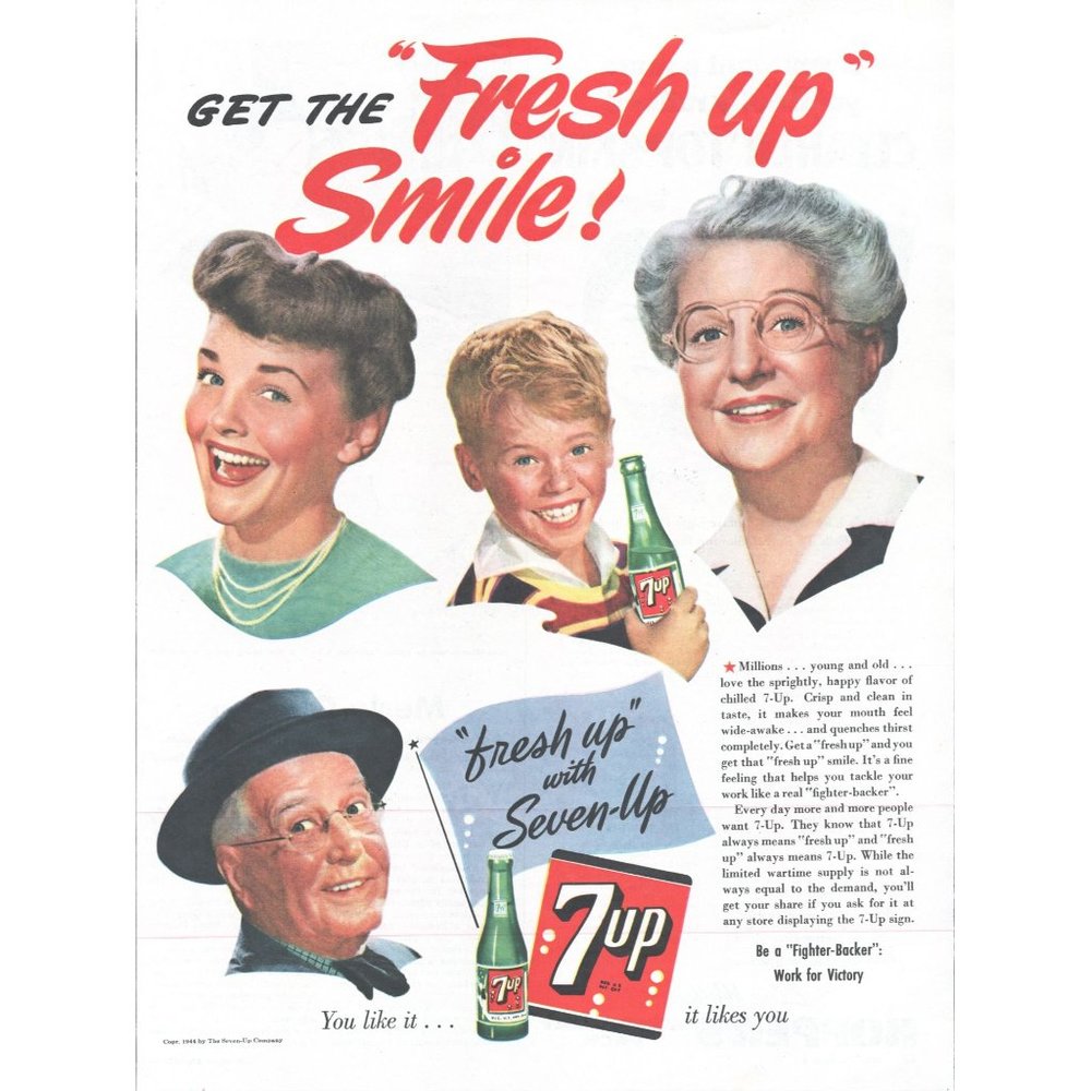 1944 7-Up Soda Pop Fresh Up Smile Vintage Print Ad 7up WW2 War Effort Wall Art
